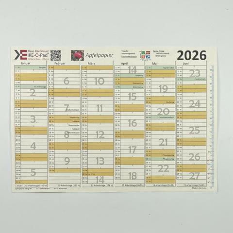 Jahreskalender Apfelpapier 2026 1. Halbjahr