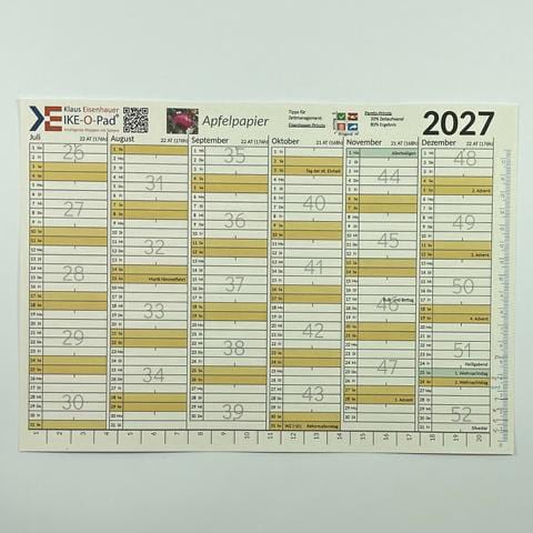 Jahreskalender 2027 aus Apfelpapier 2. Halbjahr mit Lineal und Page Marker Vorlage