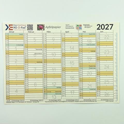 Jahreskalender 2027 aus Apfelpapier 1. Halbjahr mit Lineal und Infos