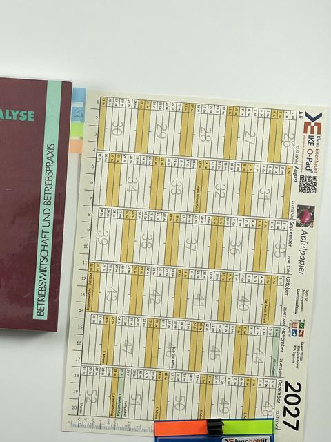 Jahreskalender 2027 aus Apfelpapier 2. Halbjahr mit Lineal und Page Marker Vorlage mit Innohildit V5 und Buch als Beispiel für Pagemarker